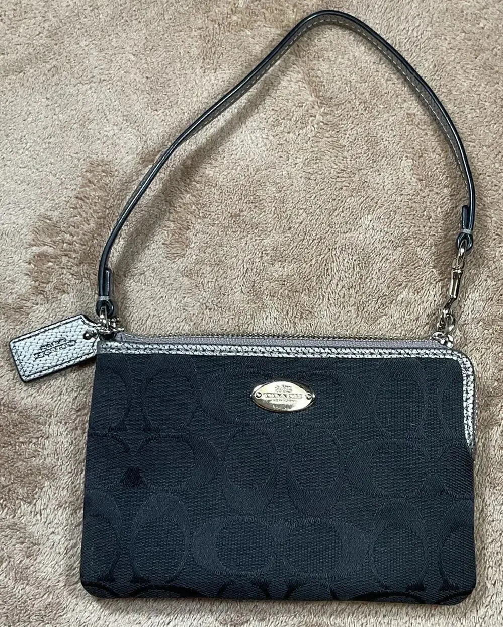 Coach Black Signature C Jacquard Wristlet Zip Pouch Silver Logo Small Bag